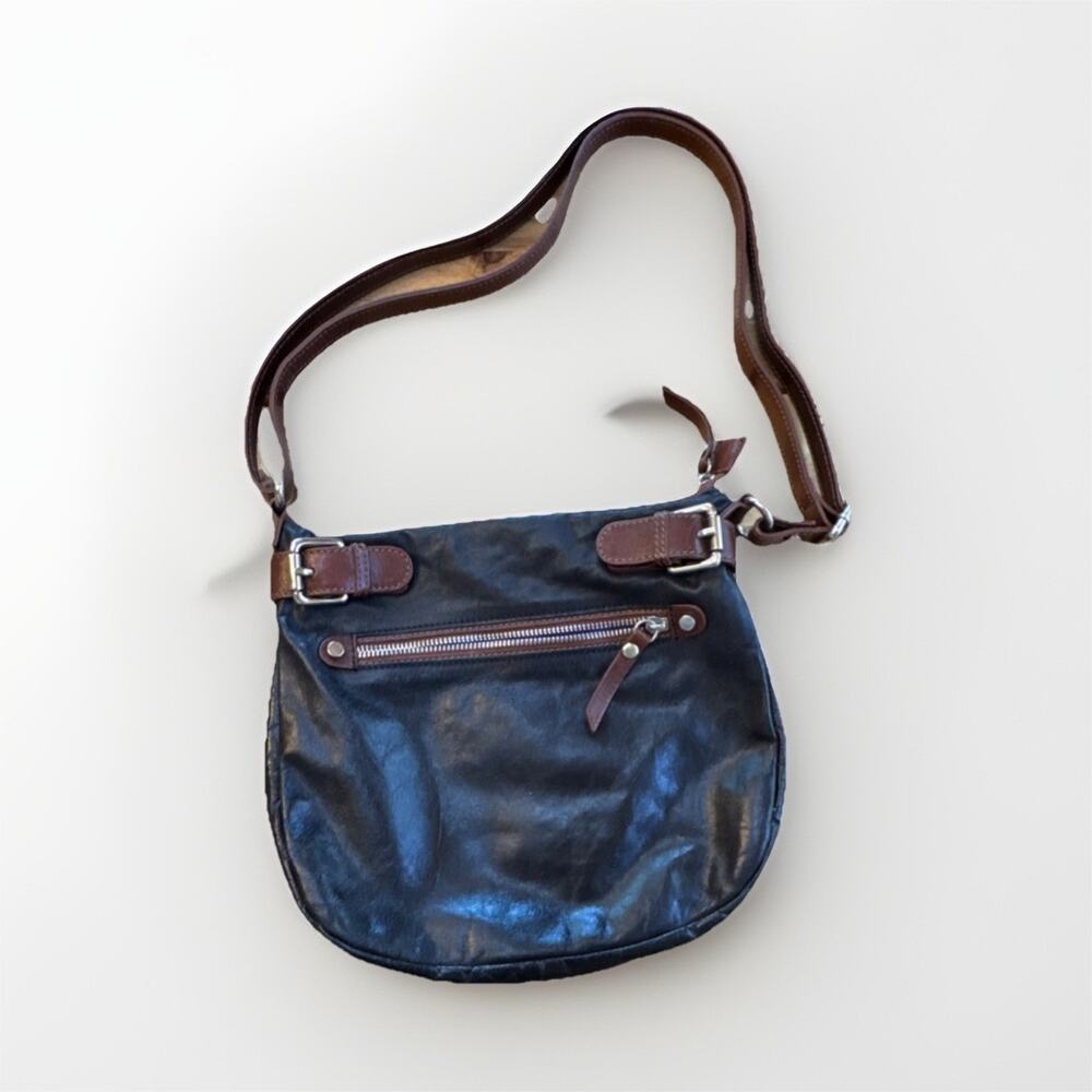 Tano Black Shoulder‎ Bag Brown Strap Buckle Accent Zipper Silver Hardware